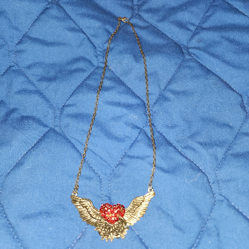 Antique Angel Wing Necklace With Red Heart